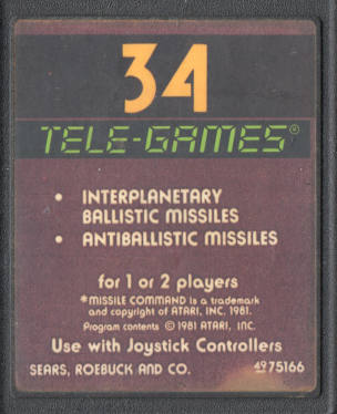 Missile Command Cartridge for Atari 2600 Sears Tele-Games